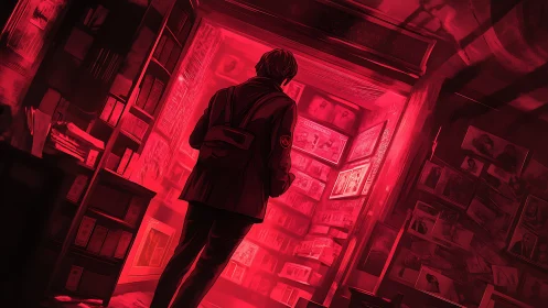 Lone investigator walks into eerie red archive of secrets.