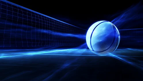 Neon blue volleyball and net on dark digital court scene.