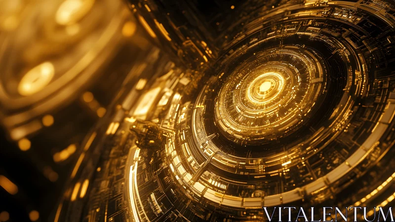Futuristic golden circuit vortex with glowing technological patterns.