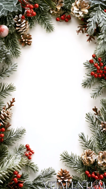 Frosted pine garland frame with red berries and cones.