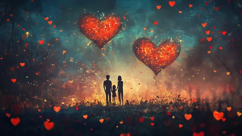 Digital Composite: Silhouetted Family Under Giant Luminescent Hearts