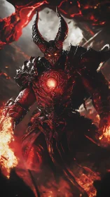Horned infernal warrior with molten core in flames.