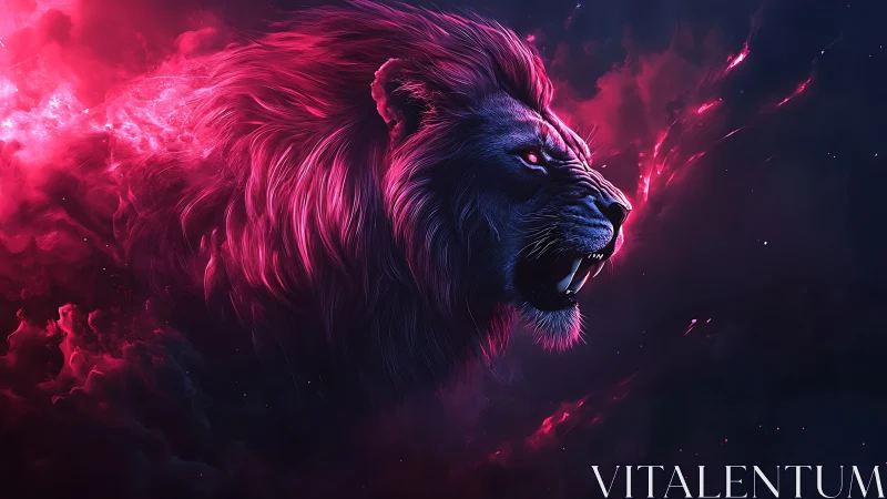 Celestial neon lion roars through cosmic magenta nebula.