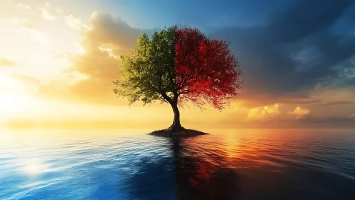 Bipolar chromatic tree divides warm and cool sunset sky reflection