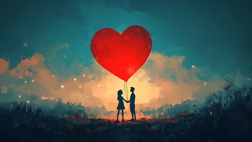 Two silhouettes hold giant red heart balloon against dramatic sunset.