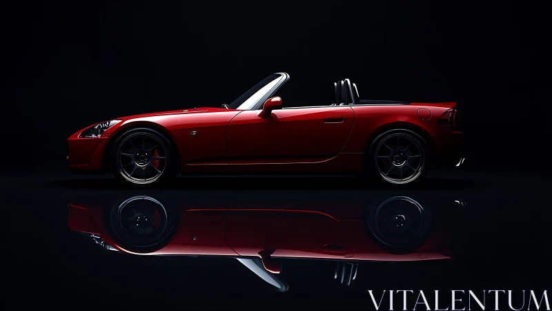 Red convertible sports car in profile on reflective surface.