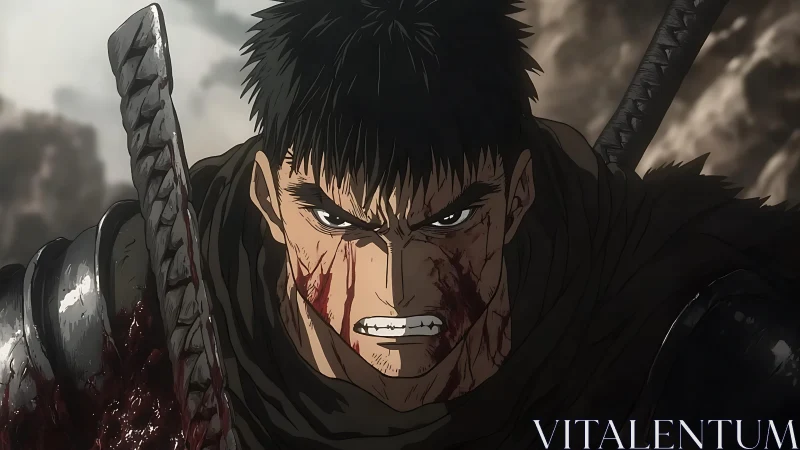 Bloodstained armored warrior with sword in combat scene.