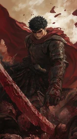 Grim warrior stands tall with a bloodied sword and torn cloak