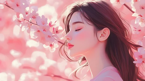 Profile view of woman amid pink blossoms in soft light.