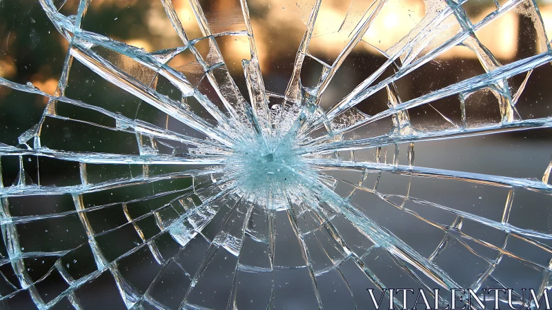 Radial fracture pattern in shattered glass pane captured close-up