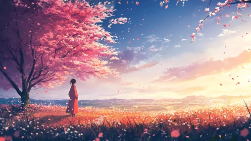 Solitary figure beneath luminous spring sakura canopy.