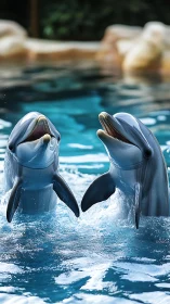 Synchronous dolphin breaching with high-sheen hydrodynamics.