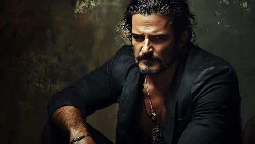 Thoughtful man in leather bathed in moody golden light.