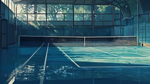 Quiet blue tennis court dozes beneath a sunlit glass roof