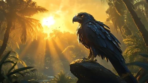 Digital raptor bird model sits on jungle rock at sunset