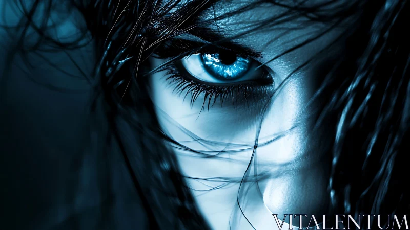 Intense blue eye pierces through dark strands of hair dramatically.