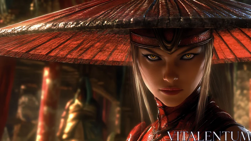 Fierce warrior in a red hat meets your gaze with calm fire.