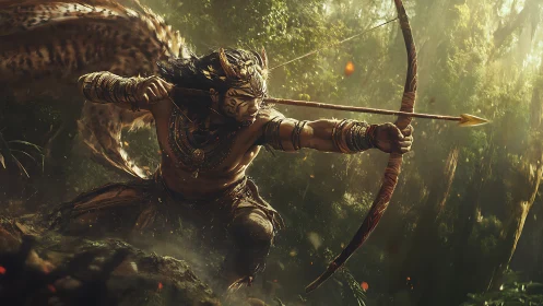 Warrior archer draws a golden arrow in a misty jungle ambush