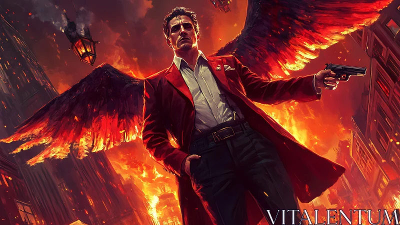 Winged antihero strides through a burning urban inferno