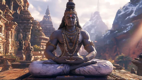 Mountain-eyed Shiva statue dreams above sunlit temple gorge.