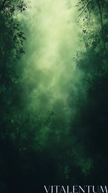 Vertical misted forest corridor with layered atmospheric depth