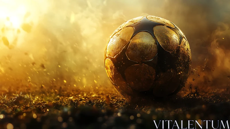Golden soccer ball glows in dramatic dust and sunset haze