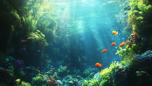 Sunlit tropical coral reef with schooling orange reef fish