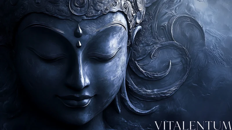 Monochrome sculpted deity face with ornamental relief forms.