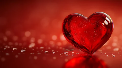 Glass Heart Form with Water Droplets on Red Surface