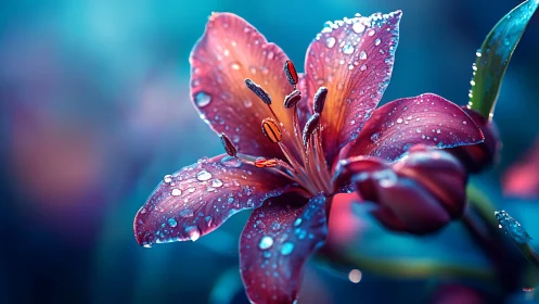 Crimson Lily with Dewdrops Against Turquoise Bokeh Background.