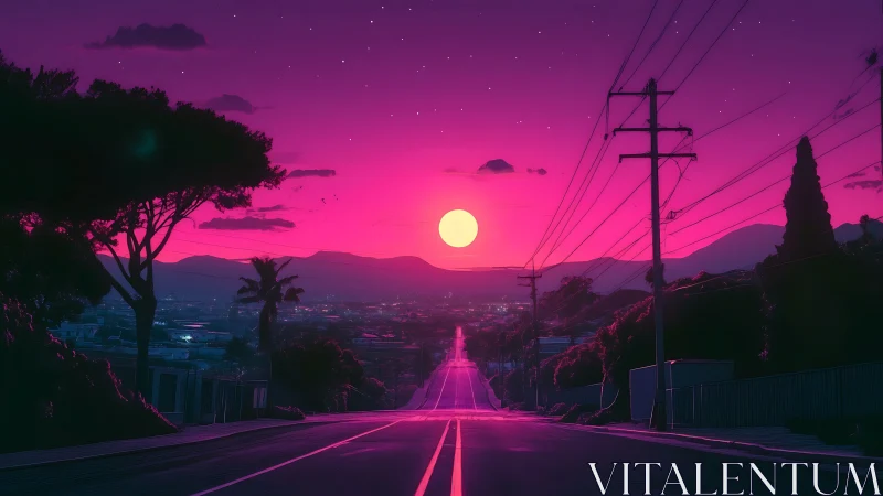 Urban roadway extends toward low horizon moon in magenta sky