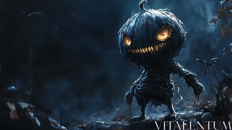 Dark fantasy pumpkin ghoul in cinematic blue lighting.