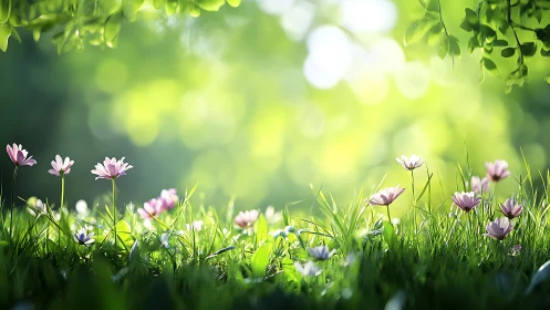 Low-angle view of wildflowers in sunlit green meadow.