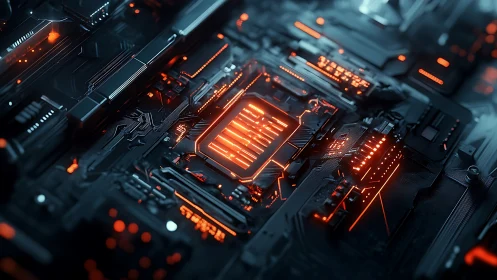 Glowing circuit heart brings a futuristic motherboard to life.