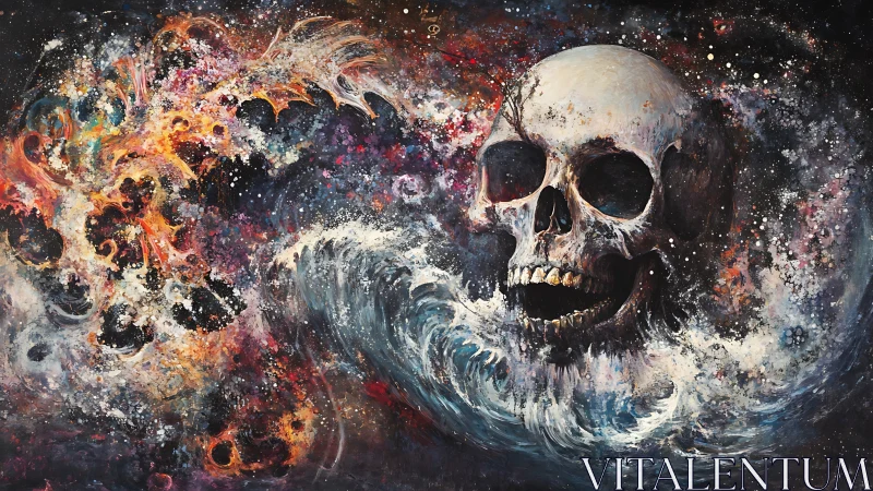 Cosmic skull drifts through swirling stardust and fiery nebula