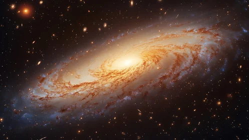 Starlit spiral galaxy swirling through a molten amber cosmos.