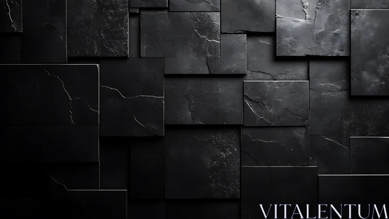 Layered matte black stone tiles with cracked textures.
