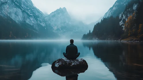 Solitary figure meditates beside a misty mountain lake at dawn