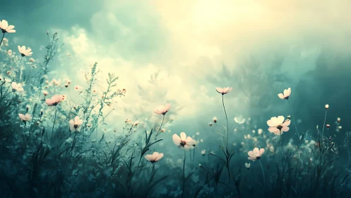 Ethereal wildflower meadow rendered in soft atmospheric light