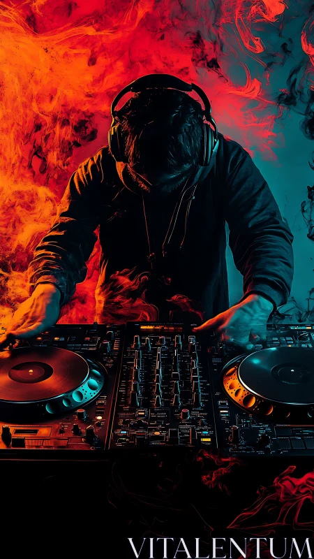 DJ mixes electronic decks amid fiery blue smoke contrast