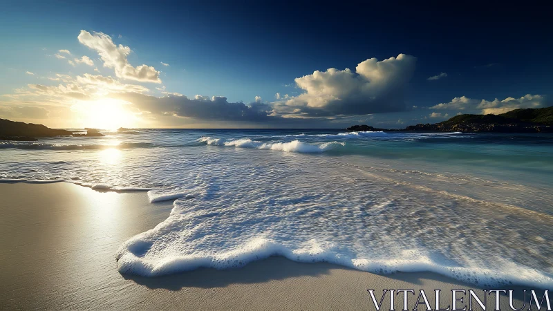 Sunlit ocean waves roll onto quiet sandy shoreline.