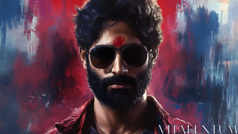 Intense bearded portrait under cinematic red blue lighting.