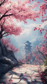 Cherry blossom path leading toward distant mountain pagoda.