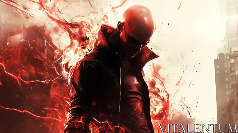 Bald antihero in leather coat erupts with red energy in ruined city