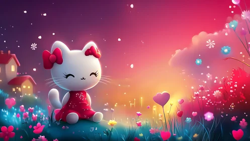 Chibi white cat in red dress amid glowing heart meadow at dusk