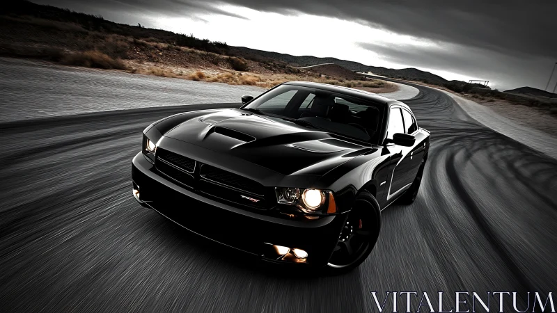 Black muscle car powers through sweeping desert racetrack.