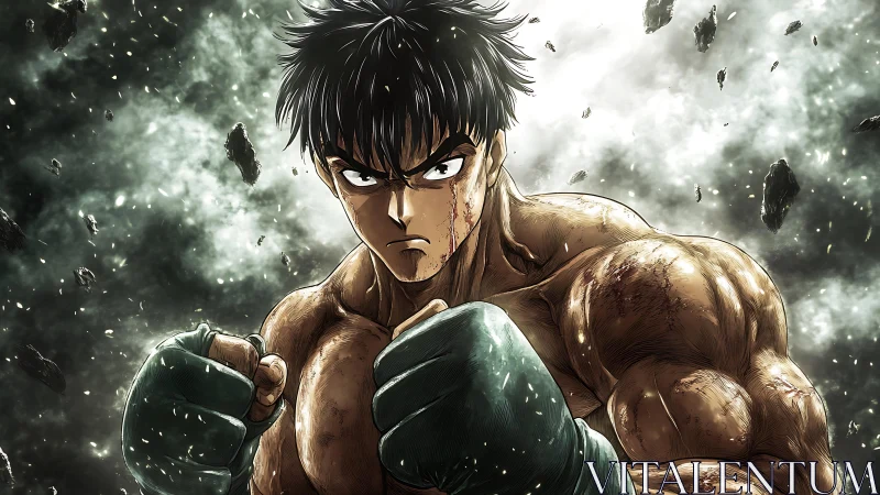 Fierce anime boxer stands strong in a storm of flying debris