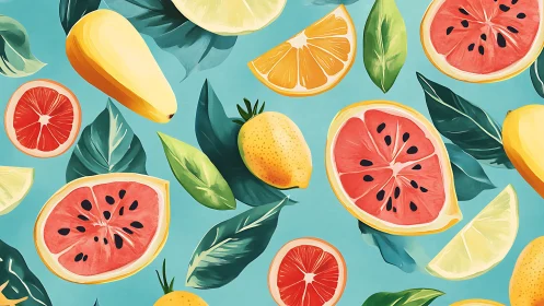 Citrus and tropical fruit pattern on teal painted background.