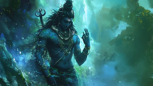 Blue-skinned deity in misty forest with trident and jewels.