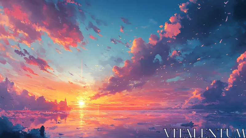 Radiant horizon glows over tranquil reflective seascape at dusk.